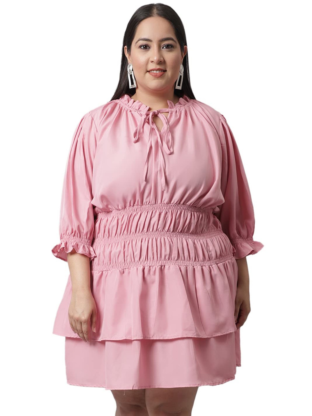 

Flambeur Tie-Up Neck Puff Sleeve Fit & Flare Dress, Pink