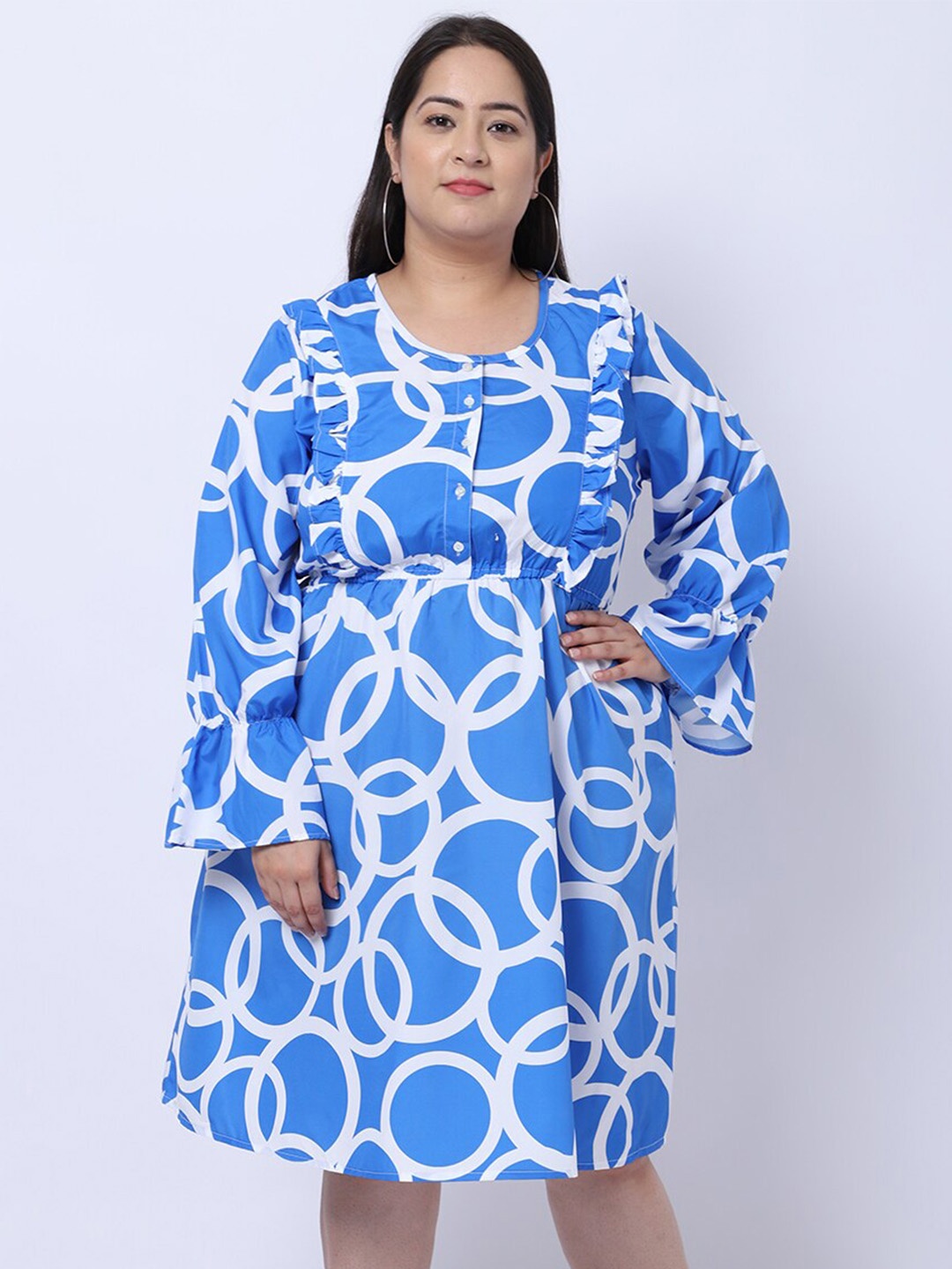 

Flambeur Plus Size Floral Print Round Neck Bell Sleeve Fit & Flare Dress, Blue