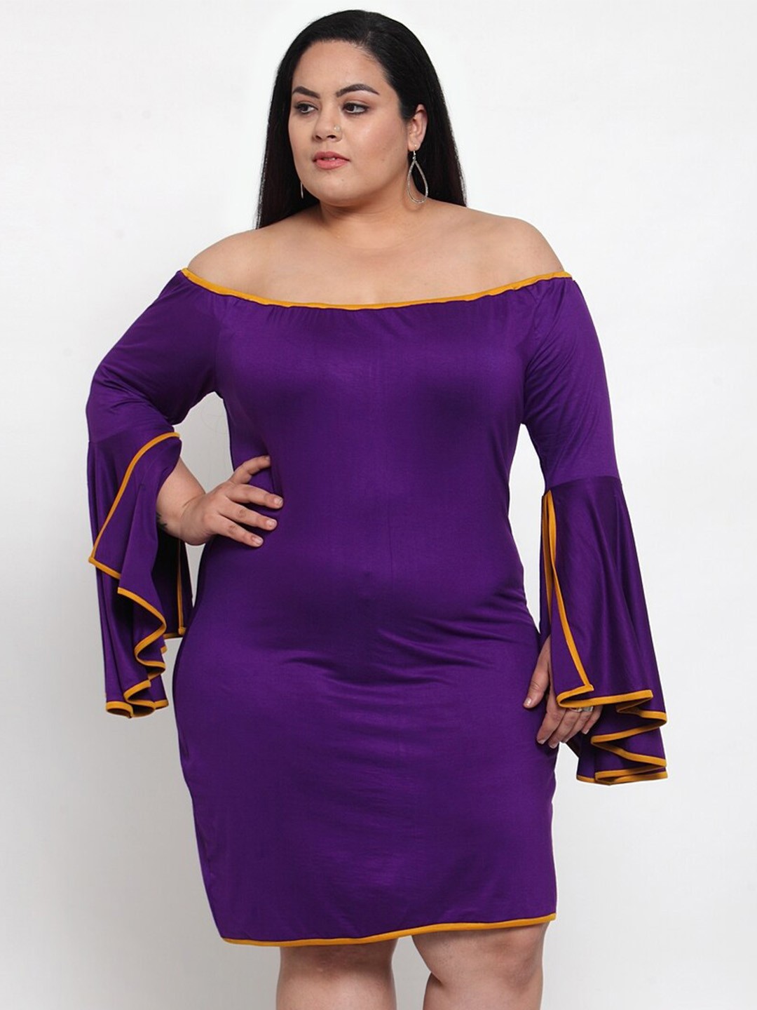 

Flambeur Plus Size Off-Shoulder Bell Sleeve Sheath Dress, Purple