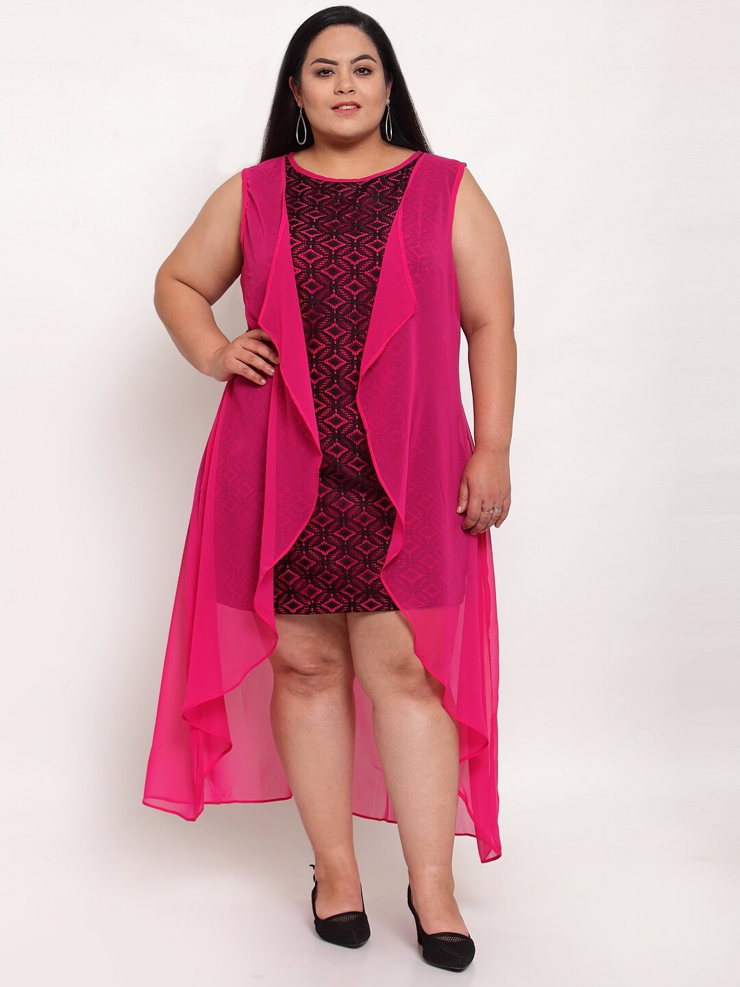 

Flambeur Round Neck Sleeveless Georgette A-Line Plus Size Dress, Pink