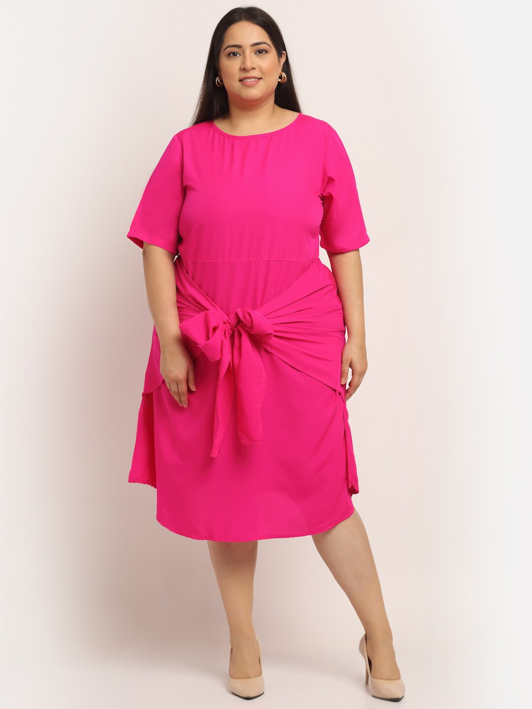 

Flambeur Round Neck Short Sleeves Crepe A-Line Plus Size Midi Dress, Pink