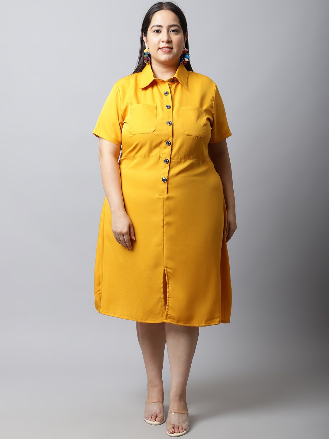 

Flambeur Plus Size Crepe Shirt Midi Dress, Mustard