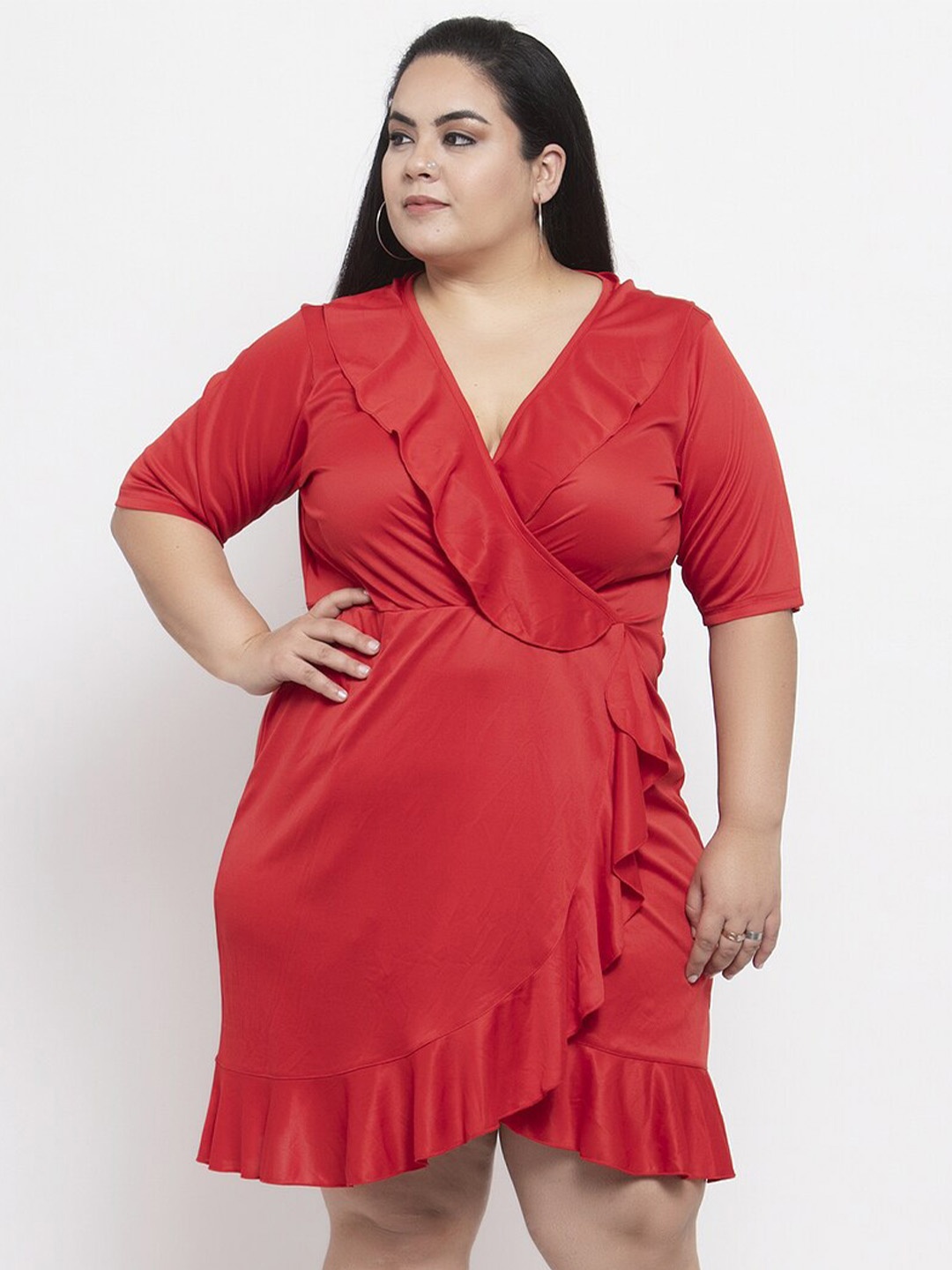 

Flambeur V Neck Short Sleeves Plus Size Wrap Dress, Red