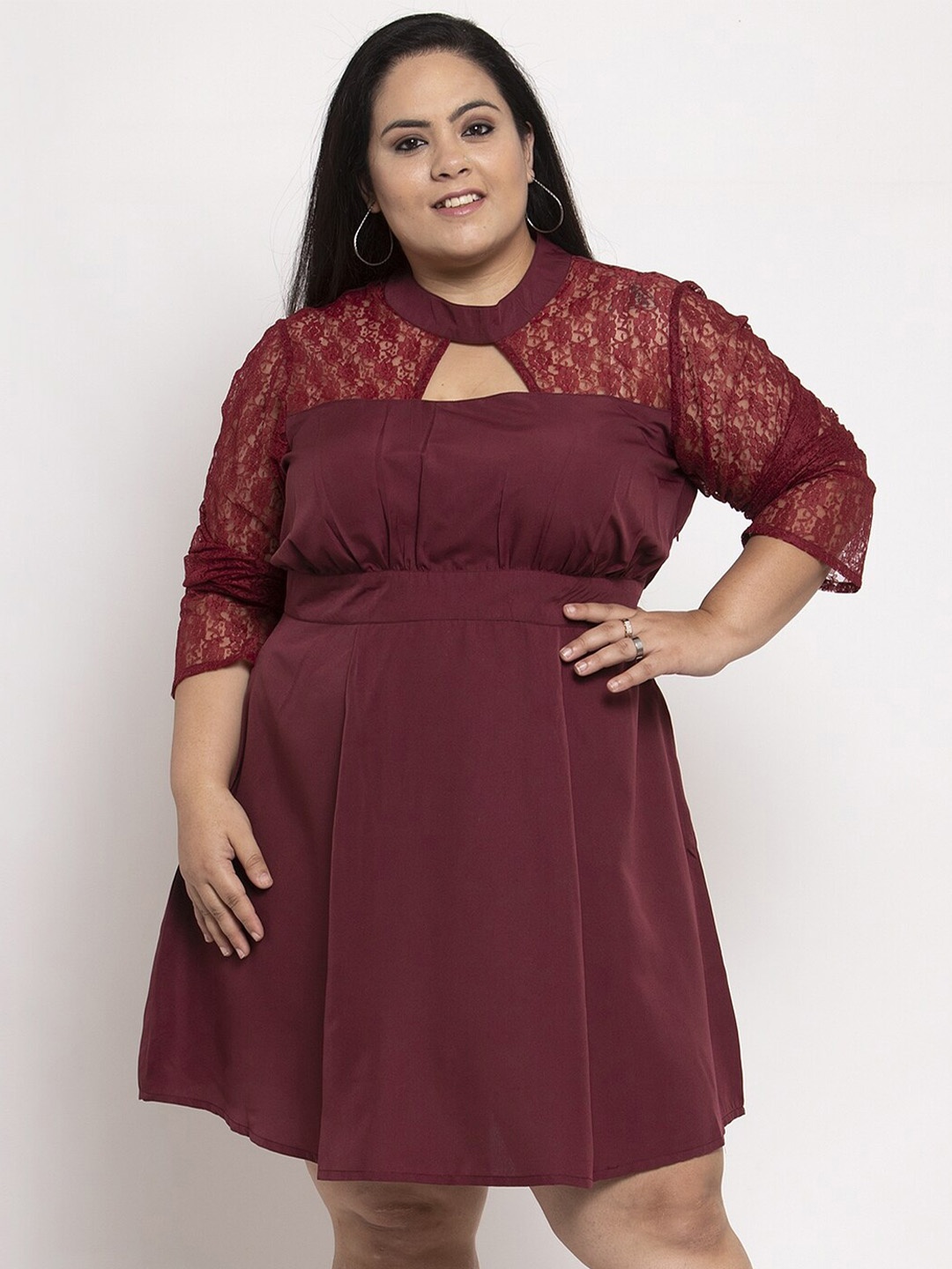 

Flambeur Plus Size Self Design Cut Out Fit & Flare Dress, Brown