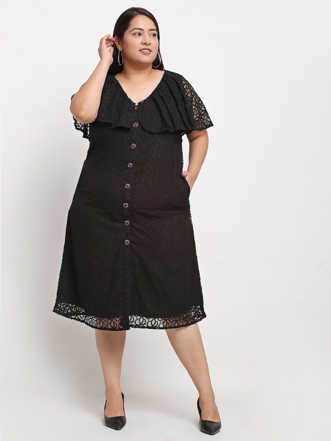 

Flambeur V Neck Flared Sleeves Net A-Line Midi Plus Size Dress, Black