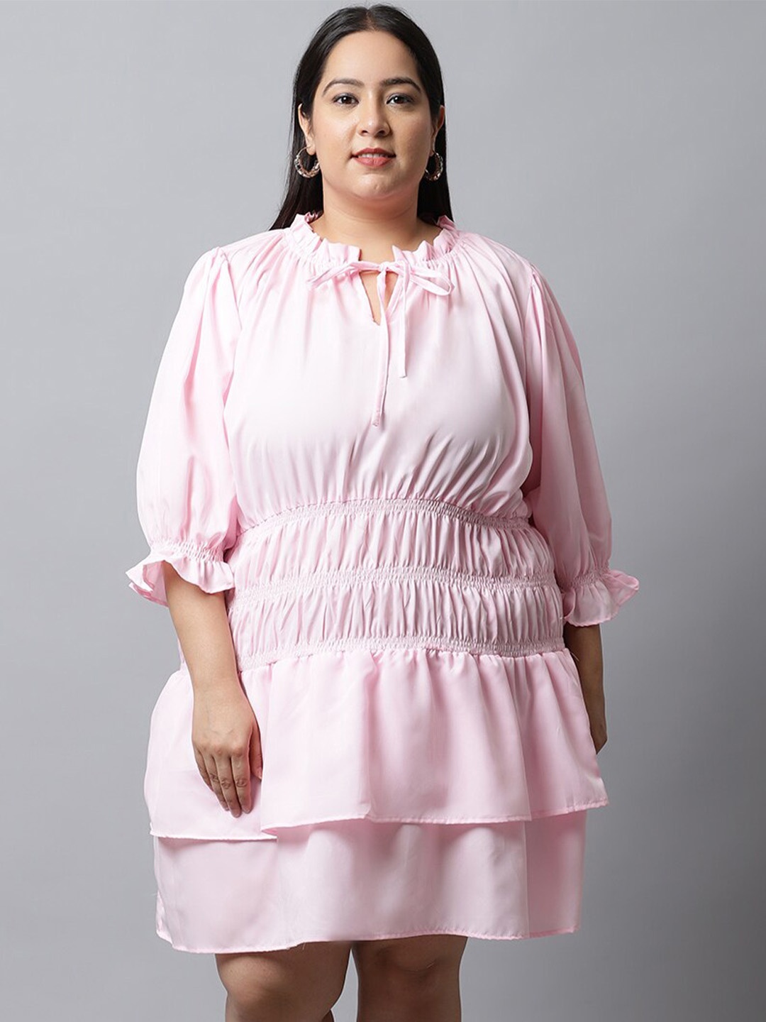 

Flambeur Plus Size Tie-Up Neck Puff Sleeve Crepe Fit & Flare Dress, Pink