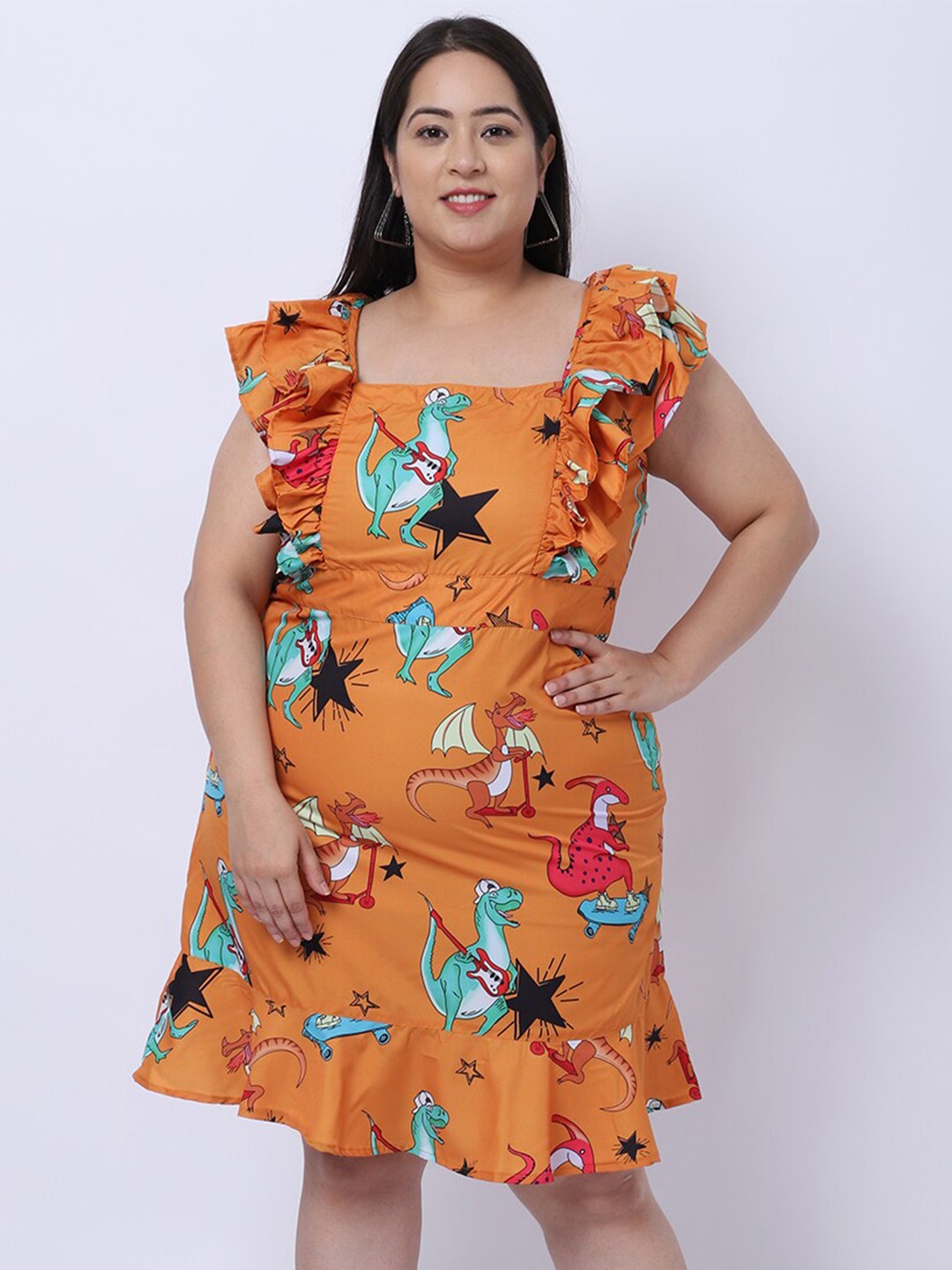 

Flambeur Square Neck Sleeveless Floral Printed Crepe Plus Size Fit & Flare Dress, Orange