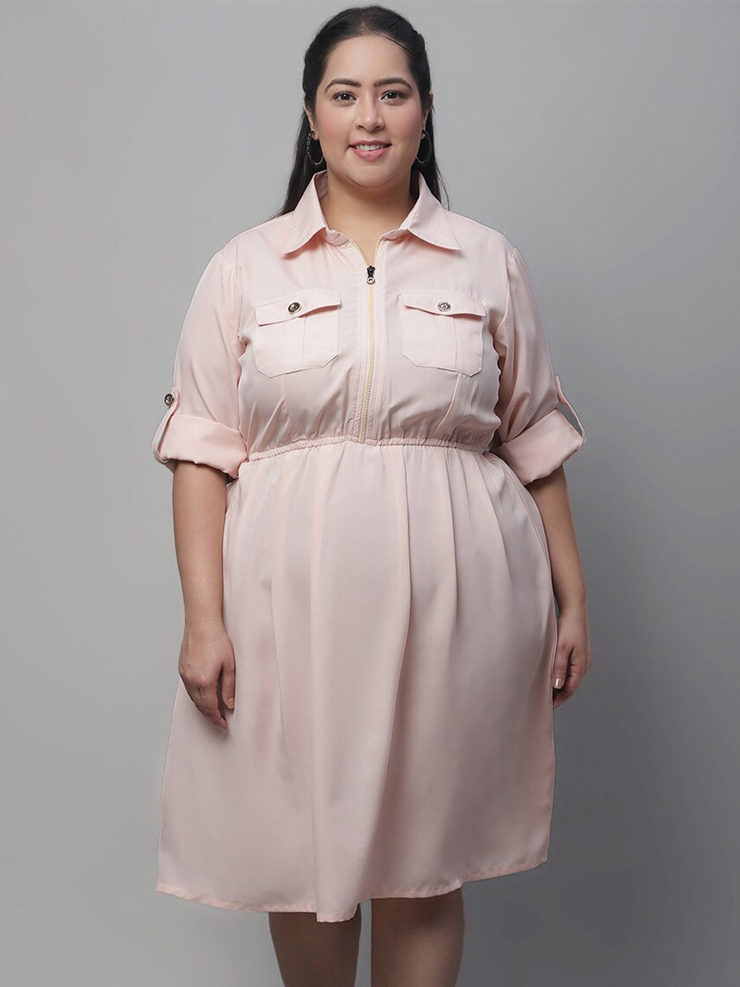 

Flambeur Plus Size Shirt Collar Roll-Up Sleeves Fit & Flare Dress, Beige