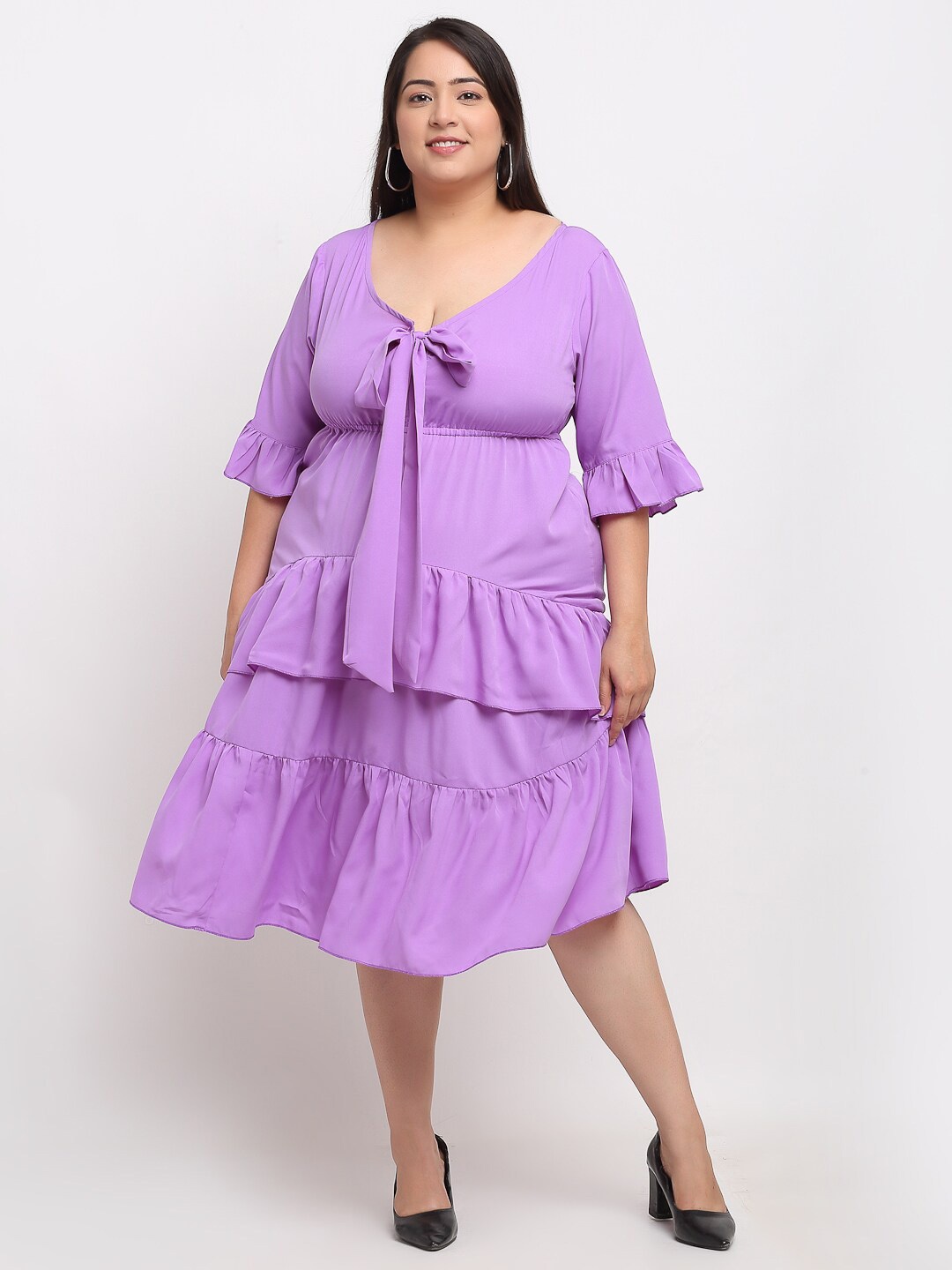 

Flambeur Plus Size V-Neck Bell Sleeve Empire Midi Dress, Purple
