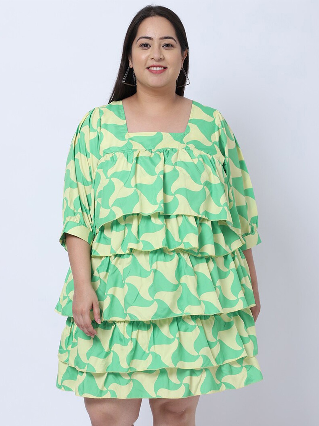 

Flambeur Square Neck Puff Sleeves Geometric Print Crepe A-Line Flared Plus Size Dress, Green