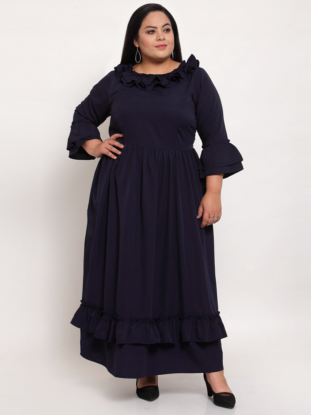 

Flambeur Plus Size Round Neck Bell Sleeve Maxi Dress, Navy blue