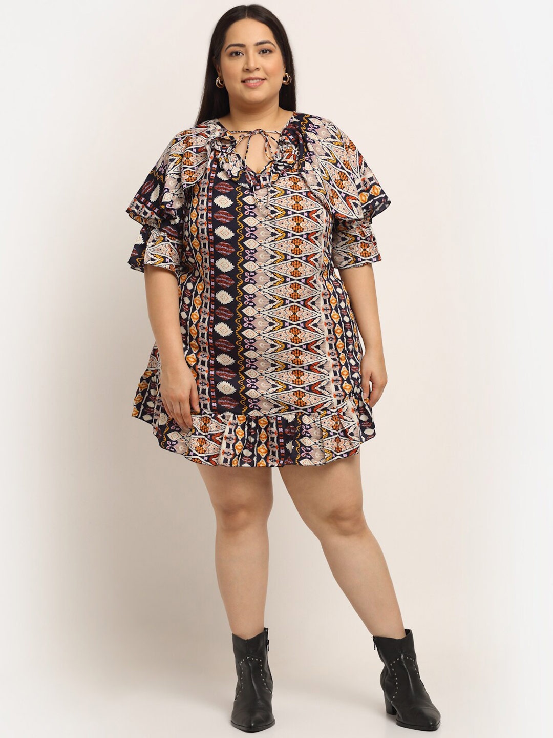 

Flambeur Plus Size Printed Crepe A-Line Dress, Beige