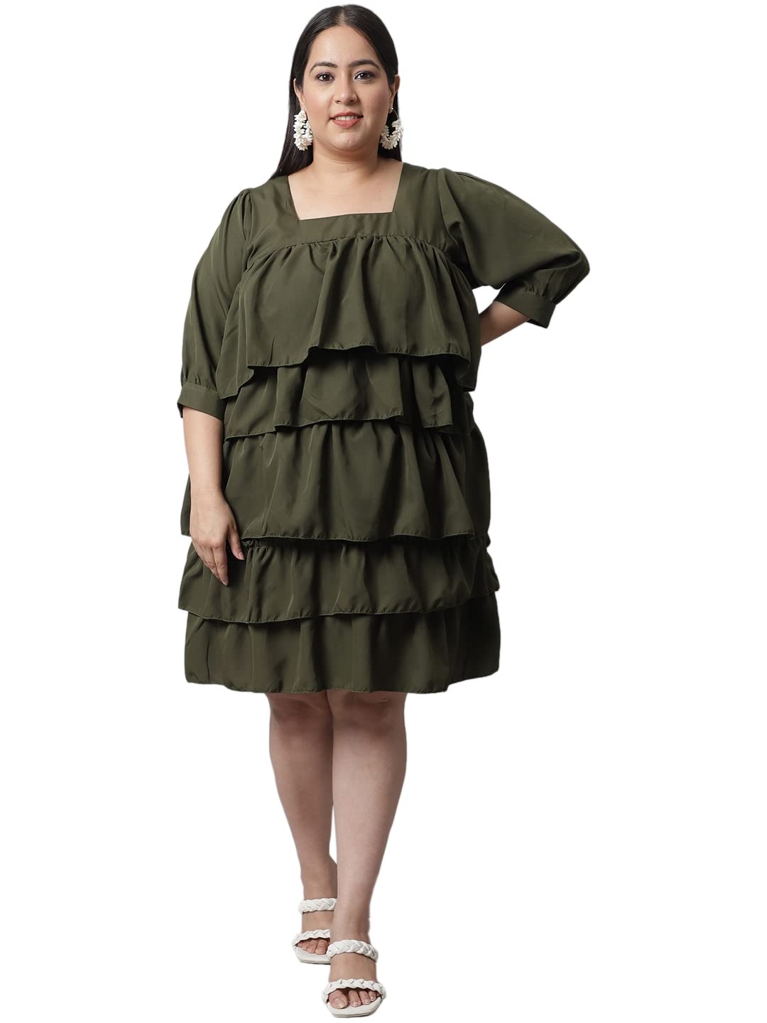 

Flambeur Square Neck Puff Sleeve Crepe A-Line Flared Plus Size Dress, Green