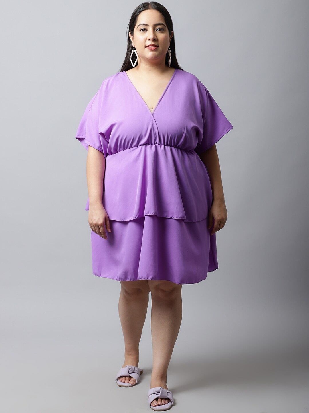 

Flambeur Plus Size Kimono Sleeve Crepe Empire Dress, Purple
