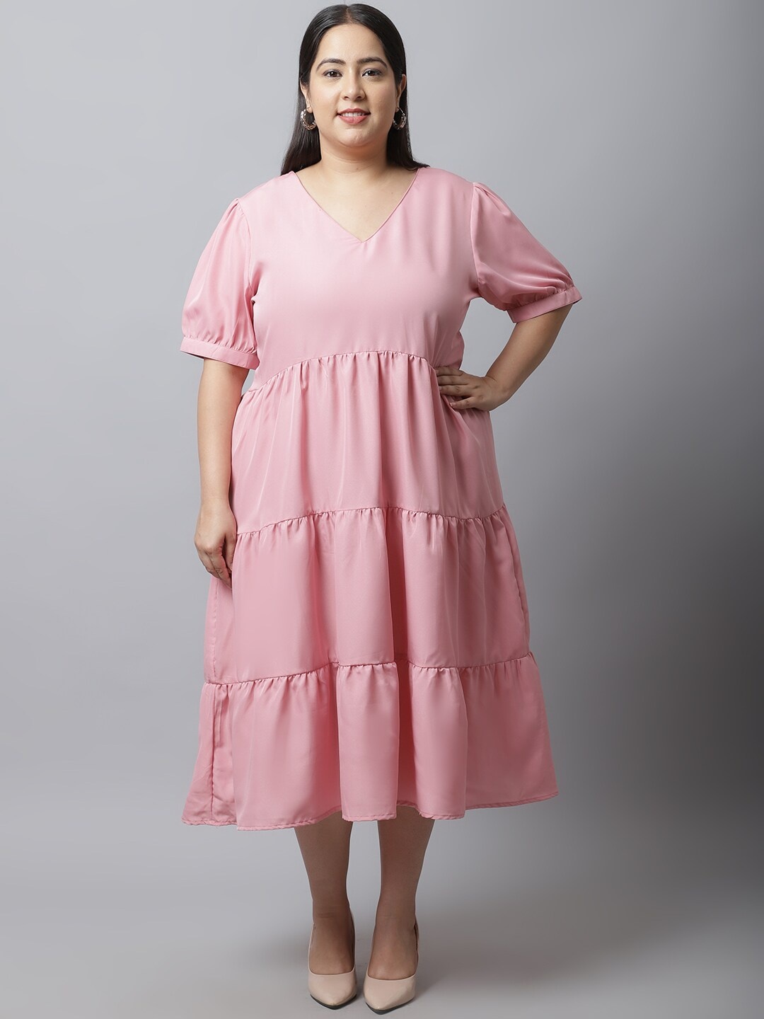 

Flambeur V Neck Short Sleeves Crepe Empire Midi Plus Size Dress, Pink