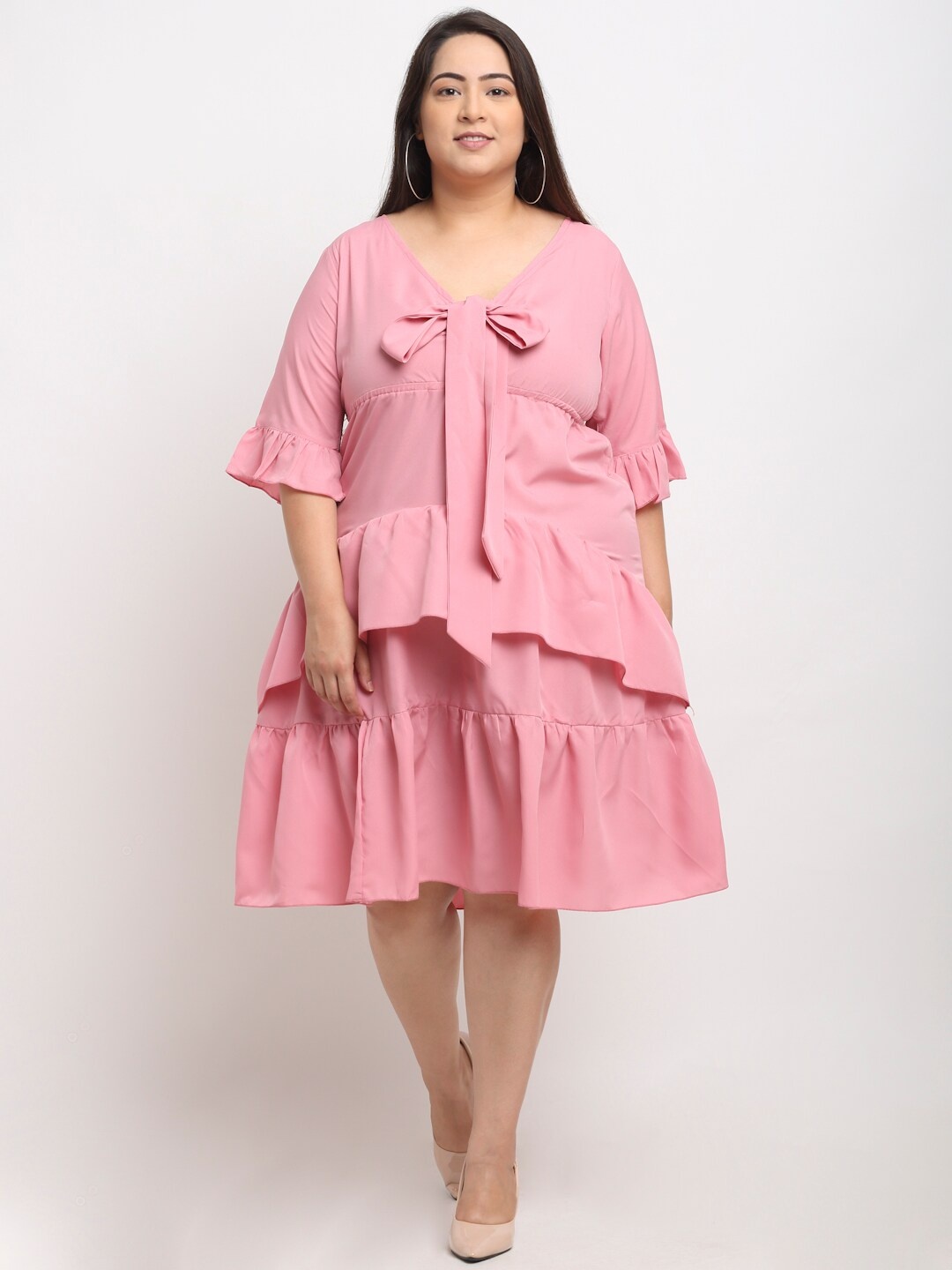 

Flambeur Plus Size V Neck Flared Sleeves Layered A Line Dress, Pink