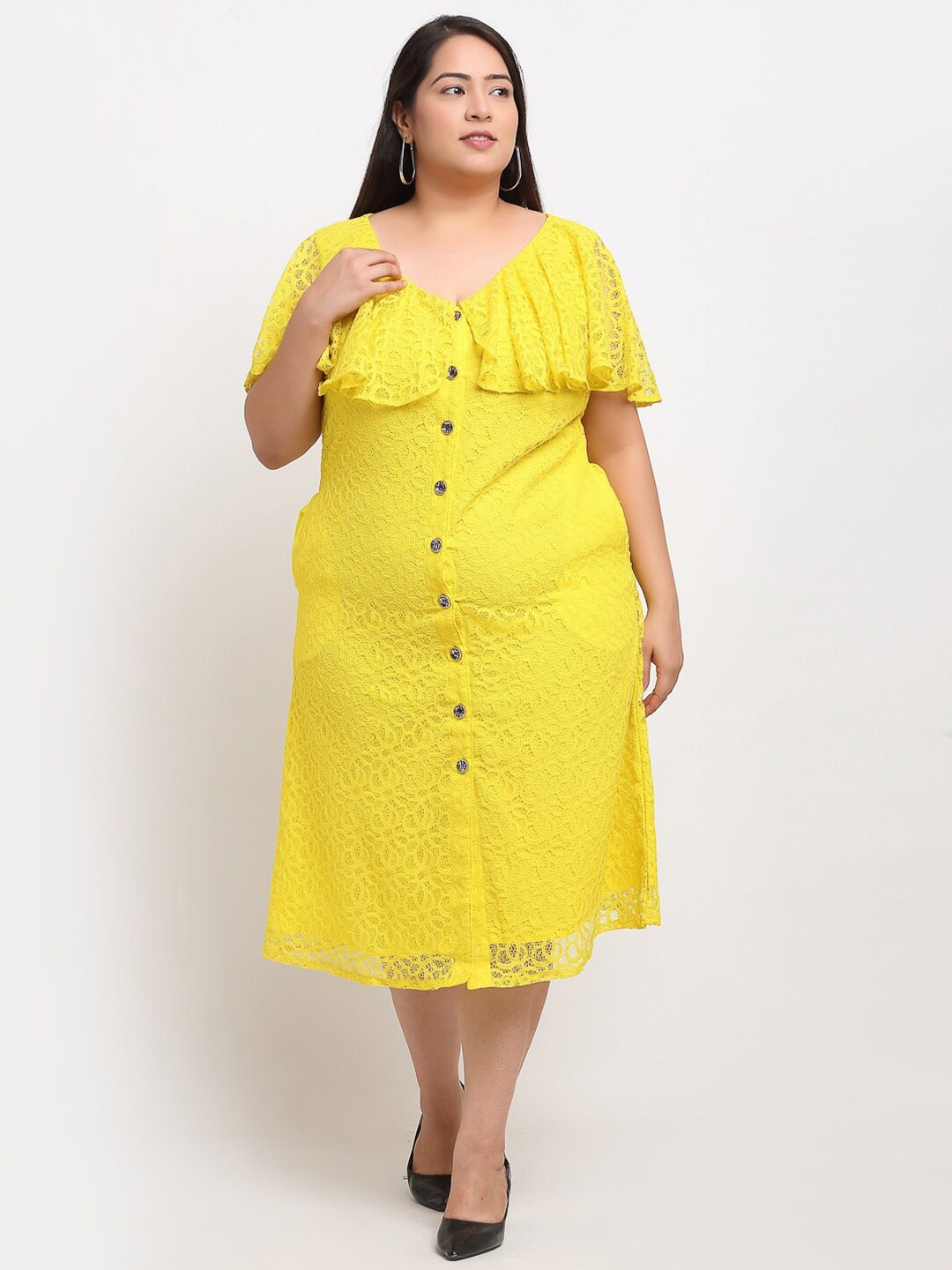 

Flambeur V Neck Cape Sleeve Net A-Line Midi Plus Size Dress, Yellow