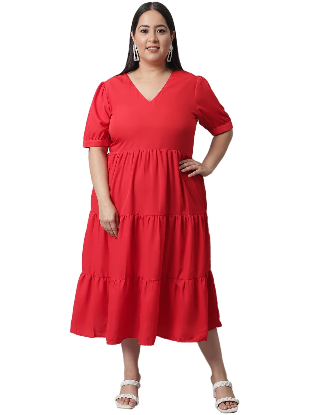 

Flambeur Plus Size V-Neck Puff Sleeves Fit & Flare Midi Dress, Red