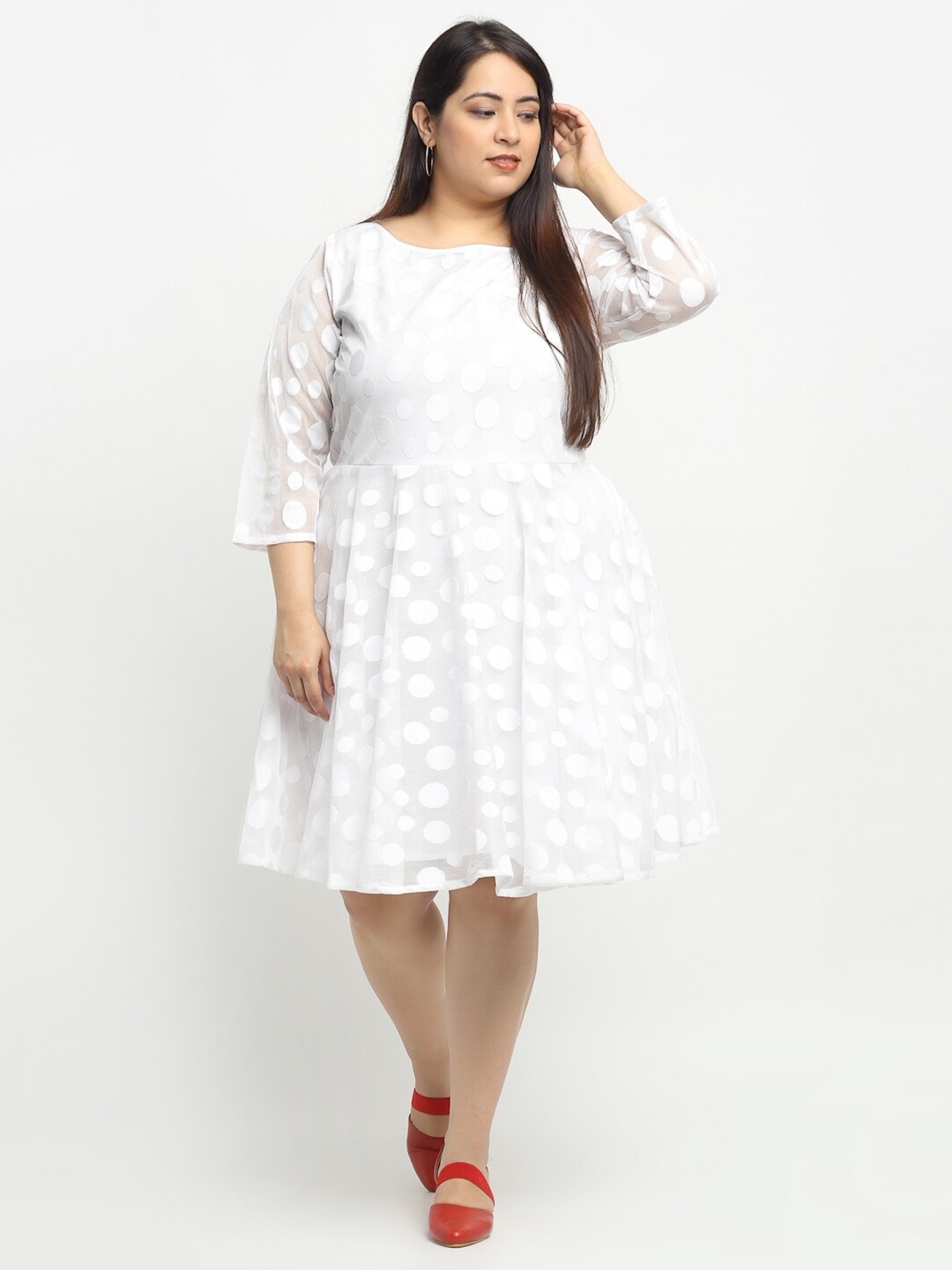 

Flambeur Plus Size Self Design Textured Georgette Fit & Flare Dress, White