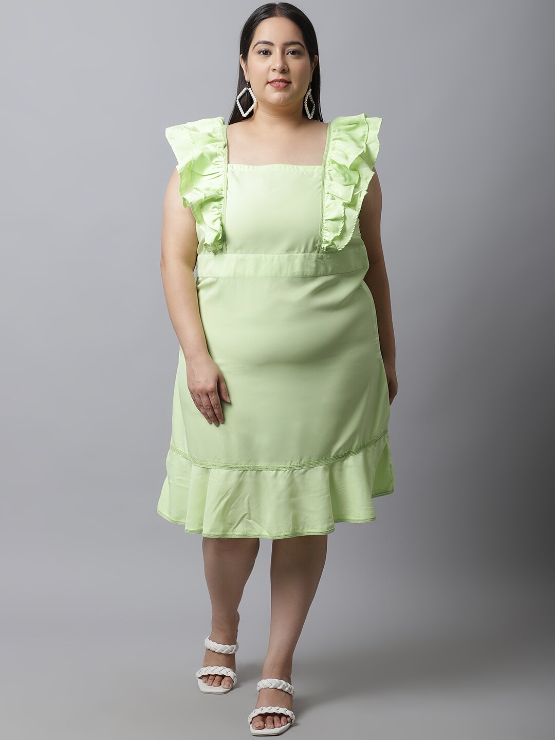 

Flambeur Plus Size Square Neck Riffled A-Line Dress, Green