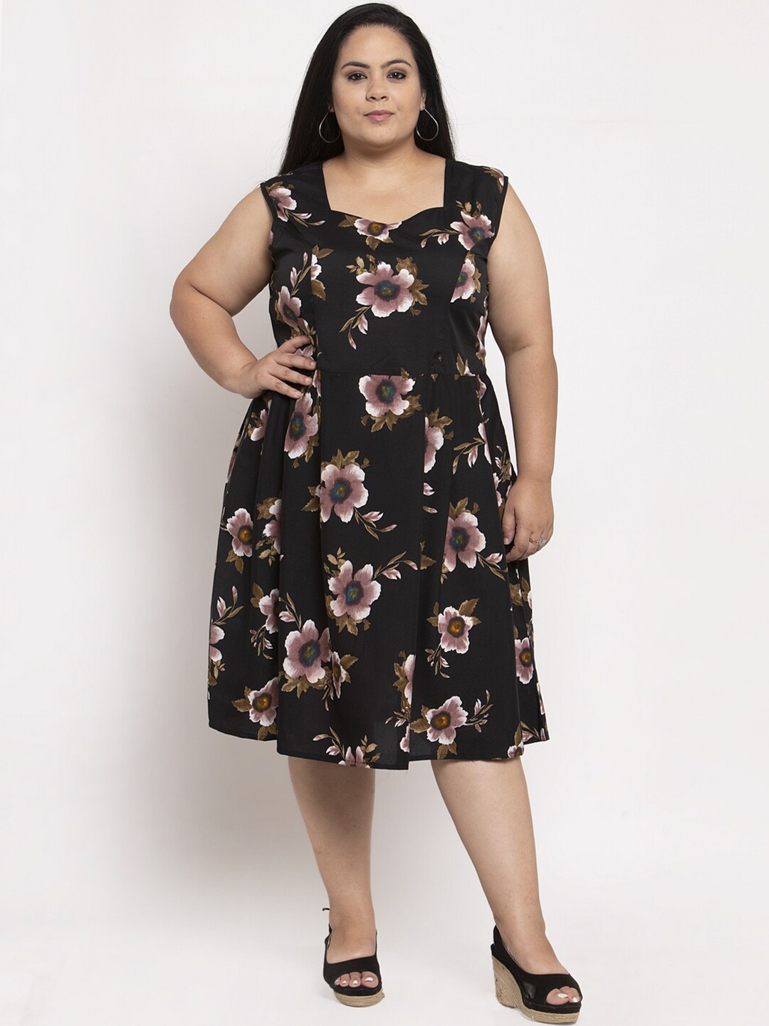 

Flambeur Plus Size Floral Printed Sweetheart Neck A Line Dress, Black