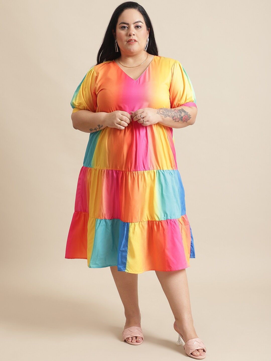 

Flambeur Plus Size Dyed Puff Sleeve Crepe Empire Midi Dress, Orange