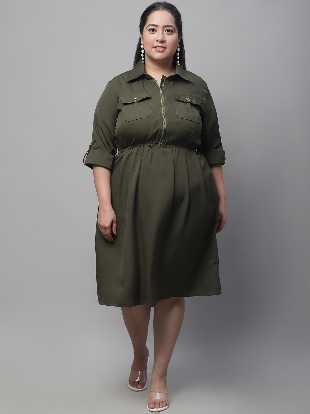 

Flambeur Plus Size Shirt Collar Roll-Up Sleeves Fit & Flare Dress, Green