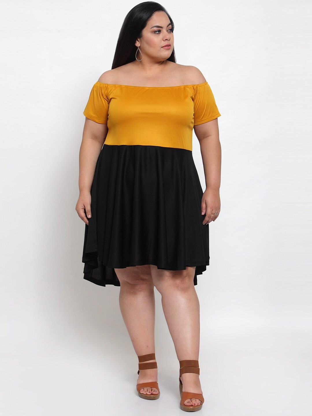 

Flambeur Colourblocked Off-Shoulder Short Sleeves Fit & Flare Plus Size Dress, Black