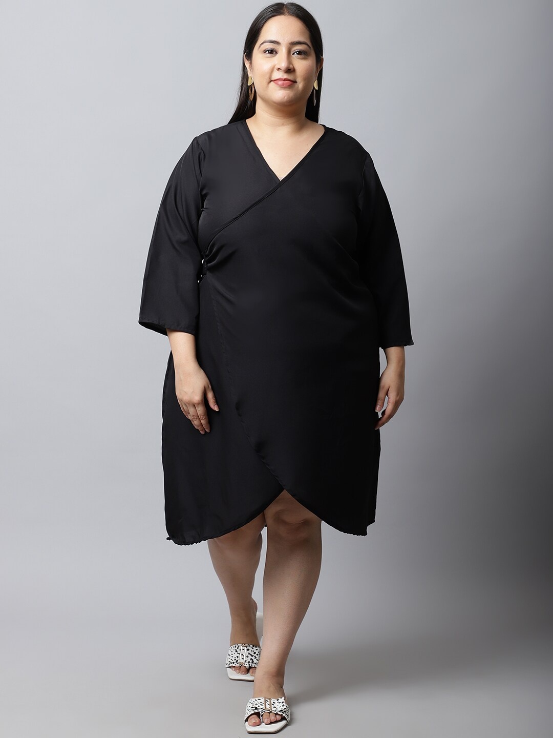 

Flambeur Plus Size V-Neck Three Quarter Sleeves Wrap Dress, Black
