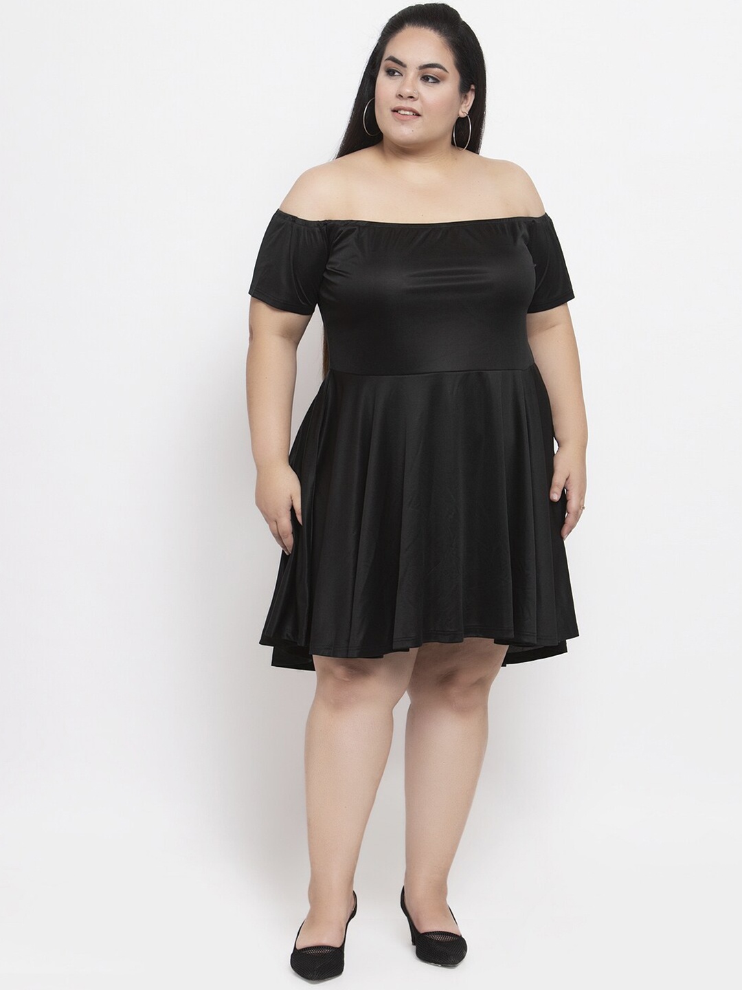 

Flambeur Plus Size Off Shoulder Short Sleeves Fit & Flare Dress, Black