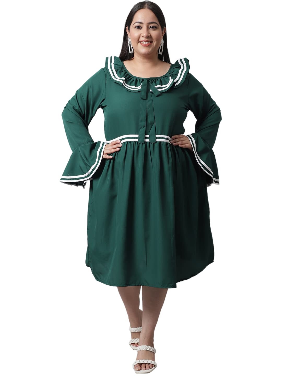

Flambeur Plus Size Flared Sleeves Ruffled Fit & Flare Dress, Green