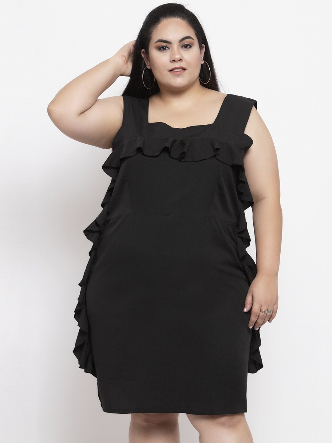 

Flambeur Plus Size Sleeveless Crepe Ruffled Sheath Dress, Black