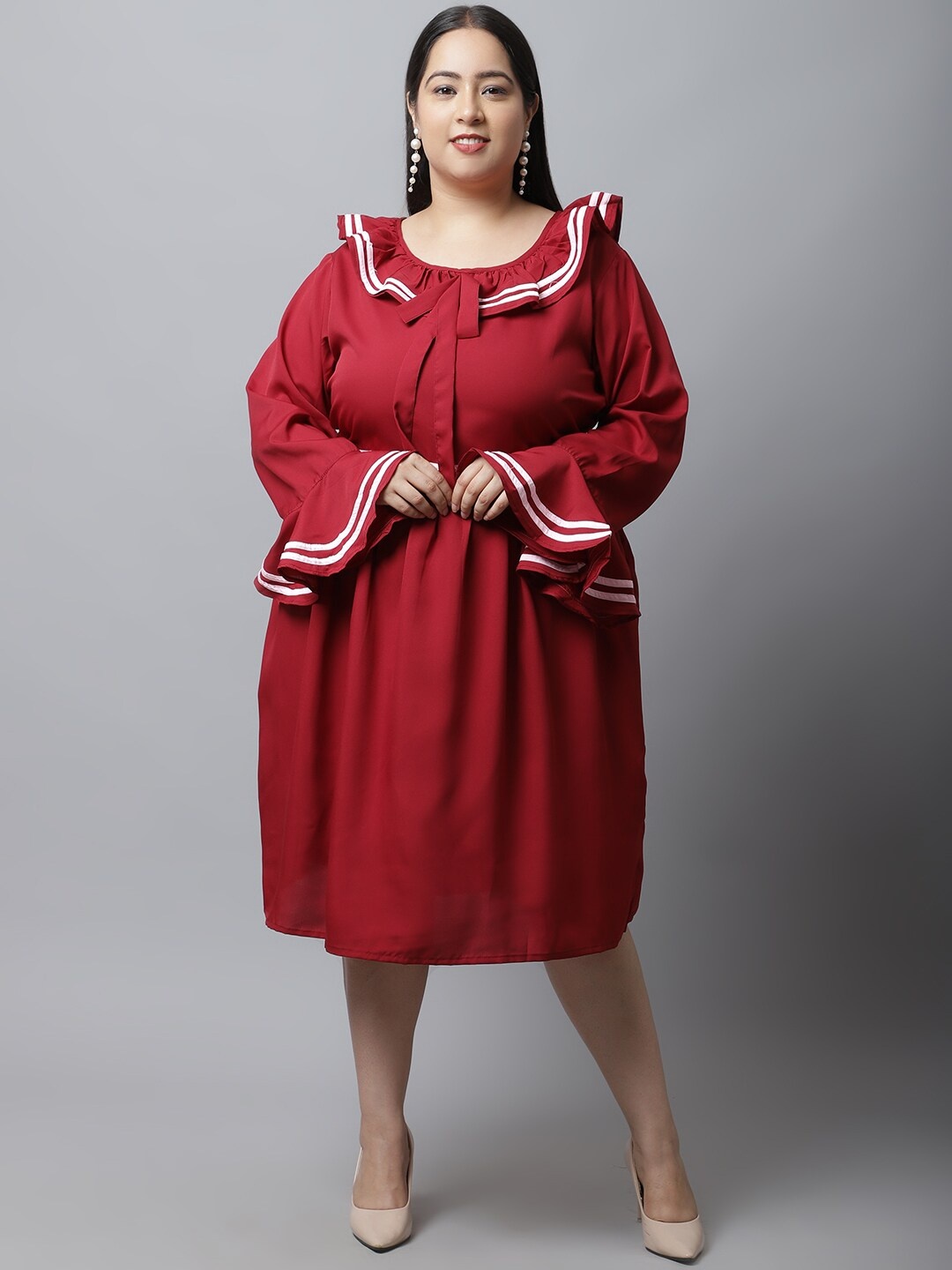 

Flambeur Plus Size Round Neck Bell Sleeve A-Line Midi Dress, Maroon