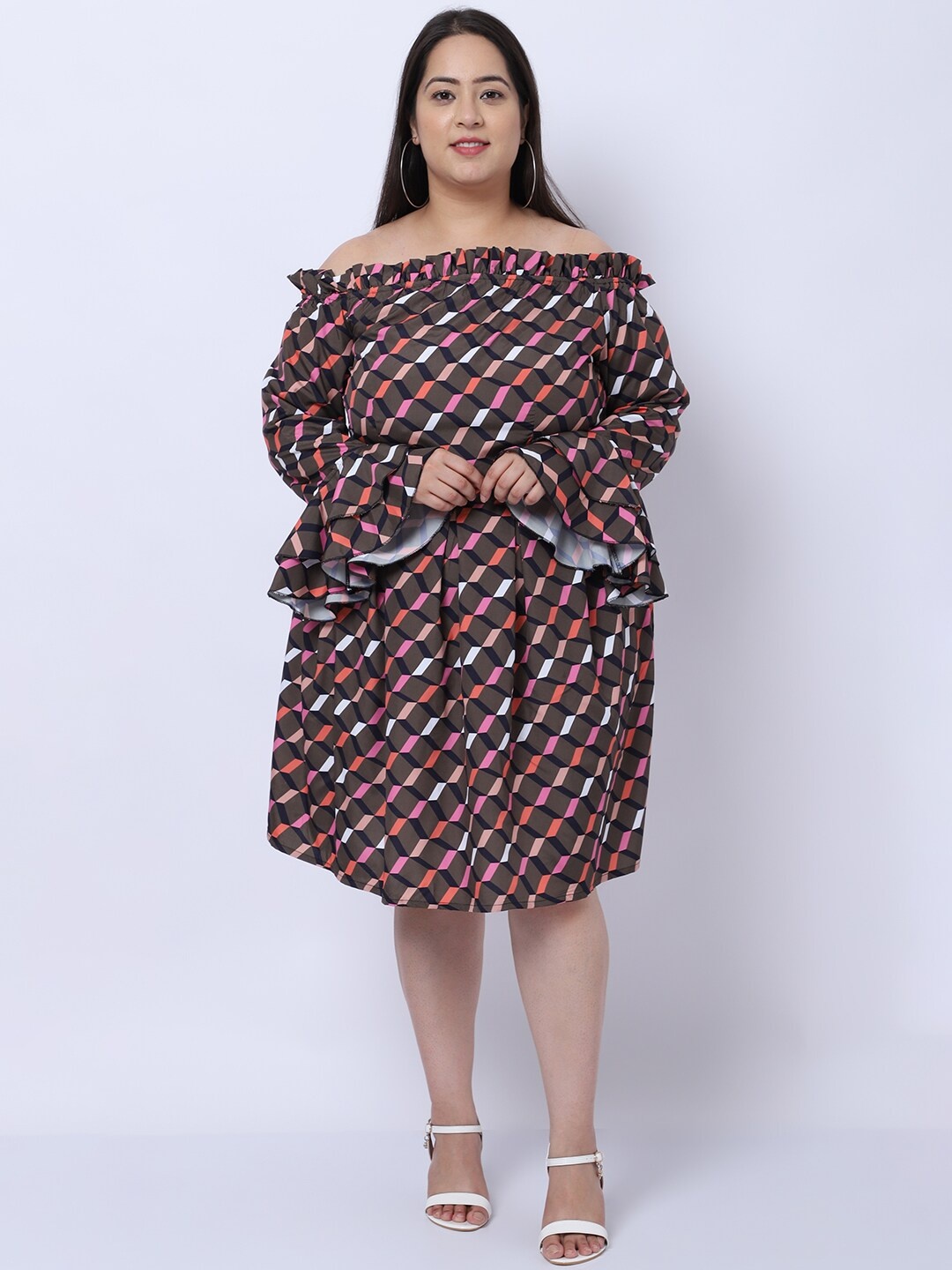 

Flambeur Off-Shoulder Long Bell Sleeve Geometric printed Crepe Fit & Flare Plus Size Dress, Brown