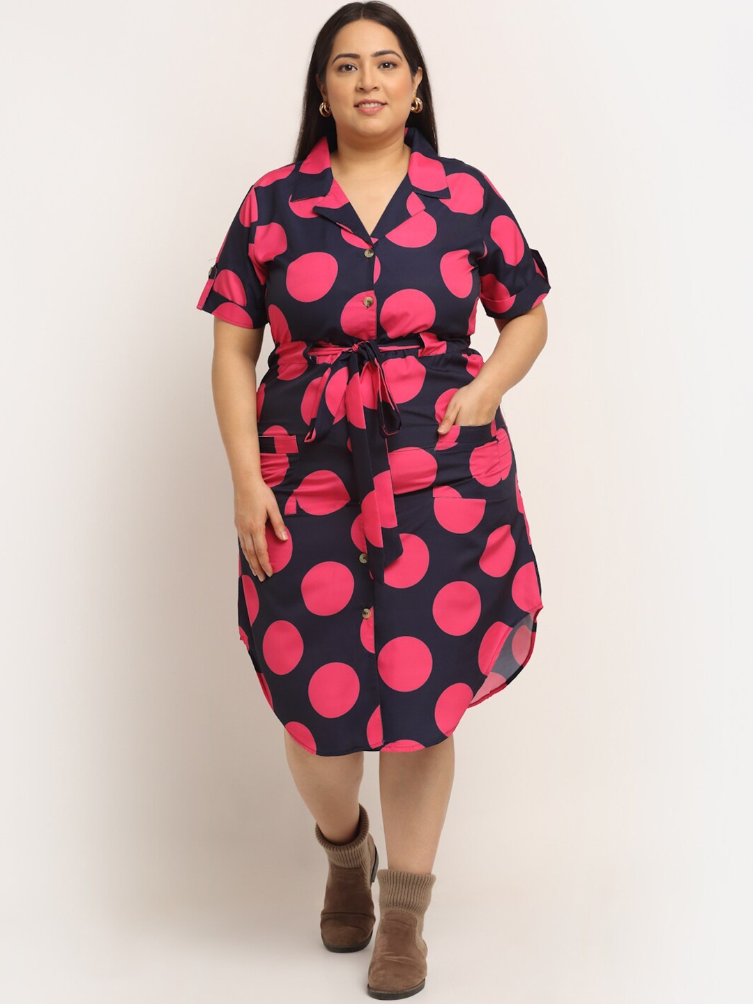 

Flambeur Shirt Collar Short Sleeves Polka Dot Print Crepe Shirt Plus Size Dress, Pink