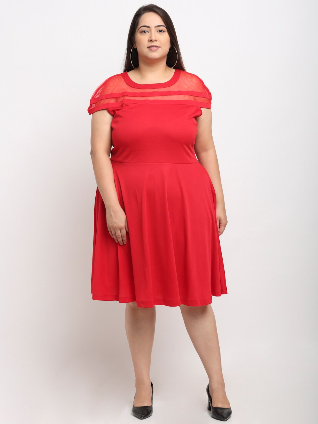 

Flambeur Plus Size Round Neck Extended Sleeves Fit & Flare Dress, Red