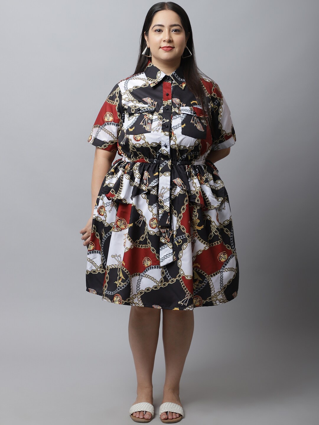 

Flambeur Shirt Collar Short Sleeves Floral Printed Crepe Plus Size Shirt Dress, White