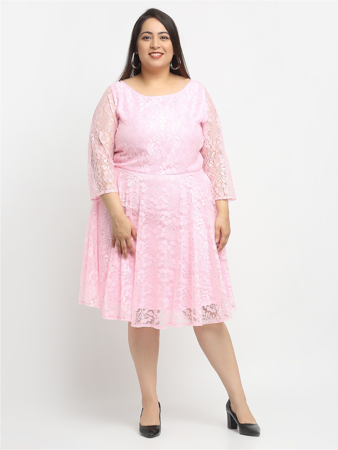 

Flambeur Round Neck Self Design Net Fit & Flare Plus Size Dress, Pink