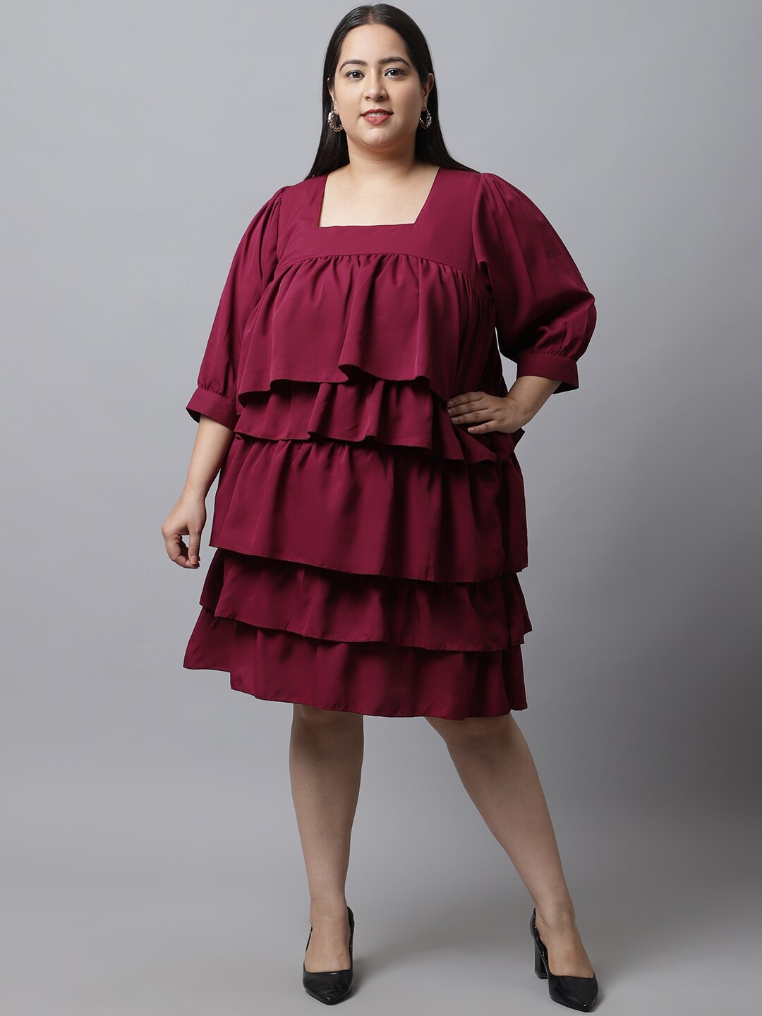 

Flambeur Plus Size Square Neck Puff Sleeve Crepe A-Line Dress, Maroon