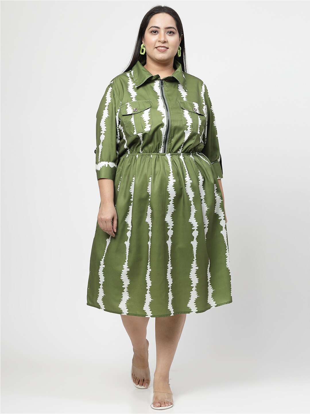 

Flambeur Shirt Collar Abstract Printed Crepe Shirt Midi Plus Size Dress, Green
