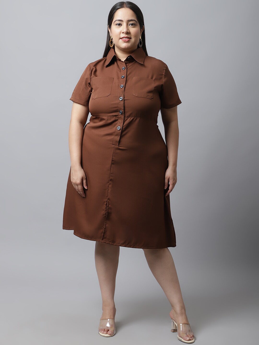 

Flambeur Shirt Collar Short Sleeves Crepe Plus Size Shirt Dress, Brown