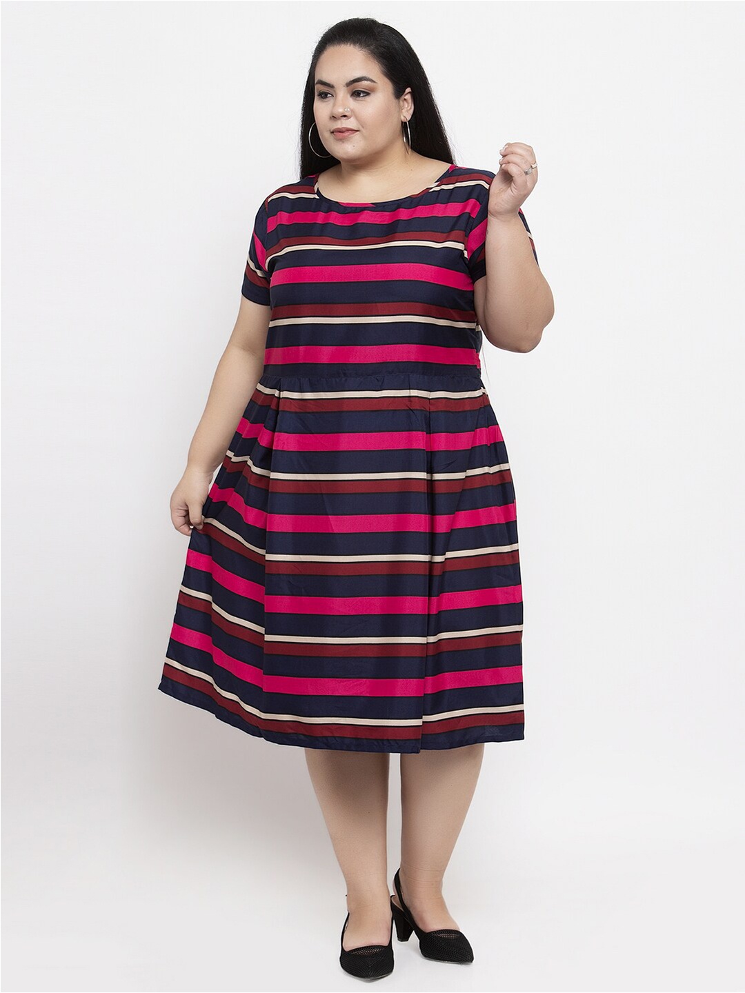 

Flambeur Plus Size Striped Crepe Fit & Flare Dress, Black