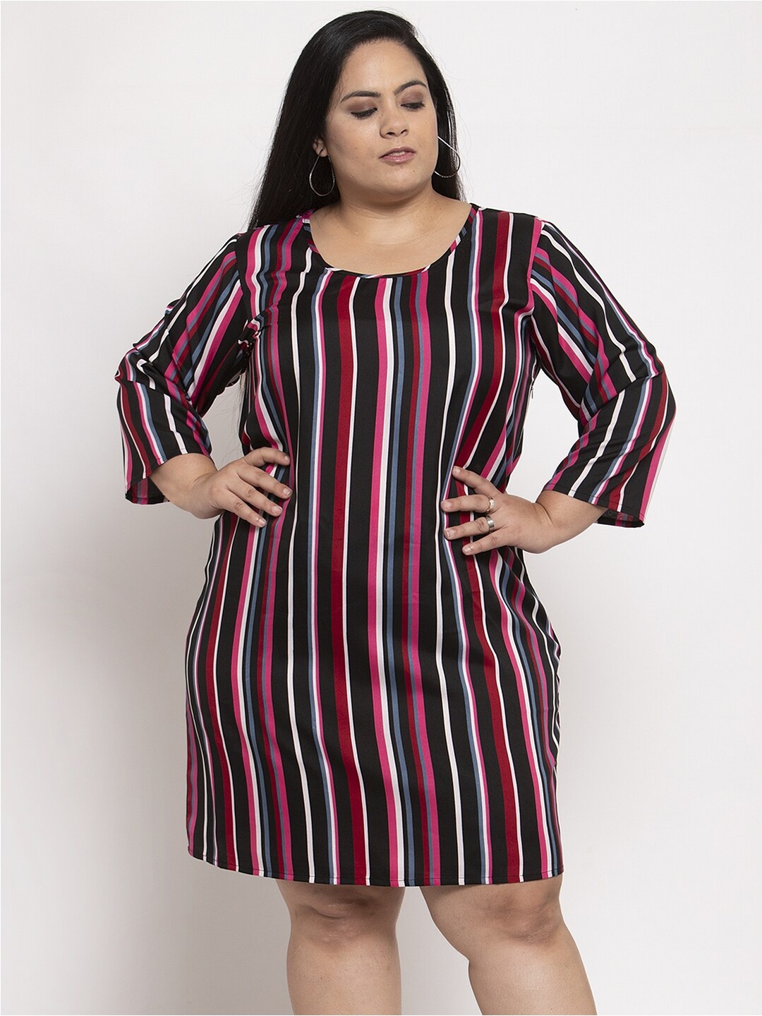 

Flambeur Plus Size Striped Bell Sleeve Crepe A-Line Dress, Black
