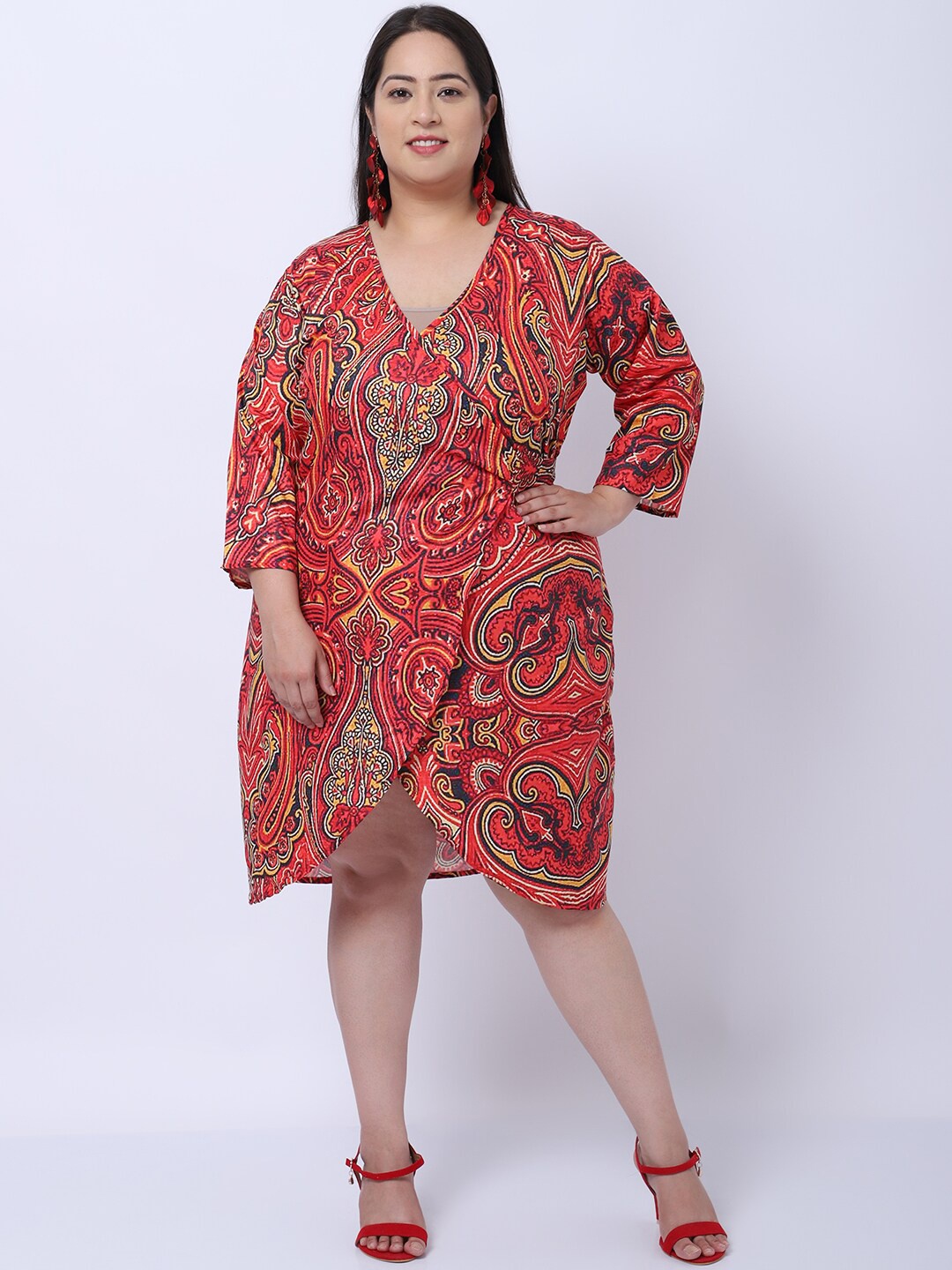 

Flambeur V Neck Ethnic Motifs Printed Crepe Tulip Hem Wrap Plus Size Dress, Red