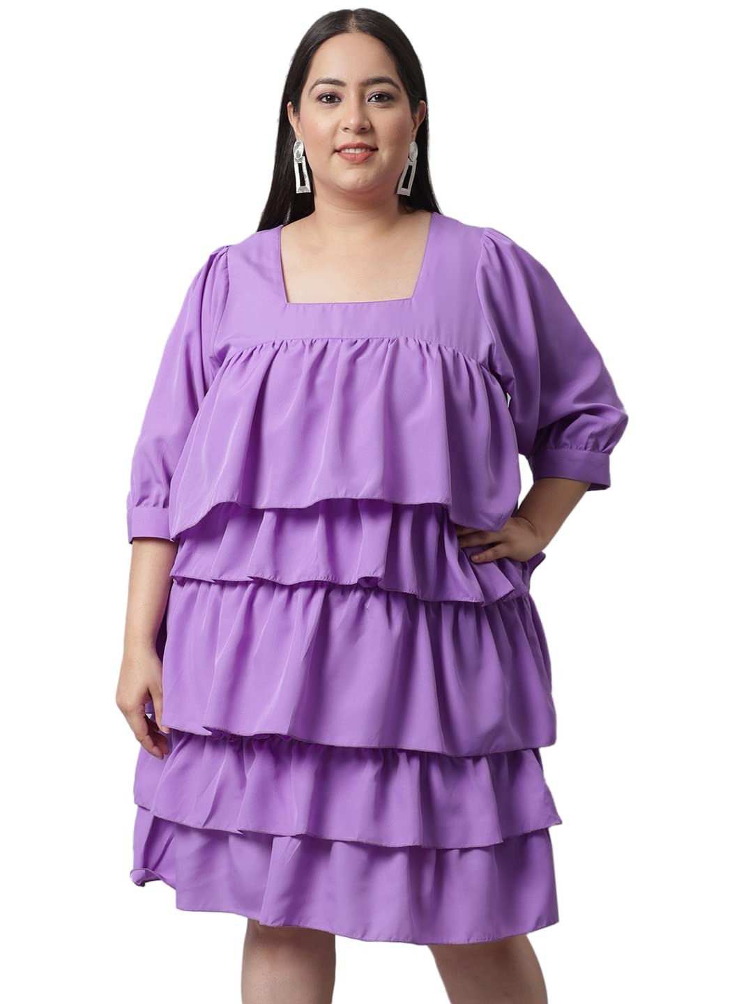 

Flambeur Plus Size Square Neck Puff Sleeves A-Line Dress, Purple
