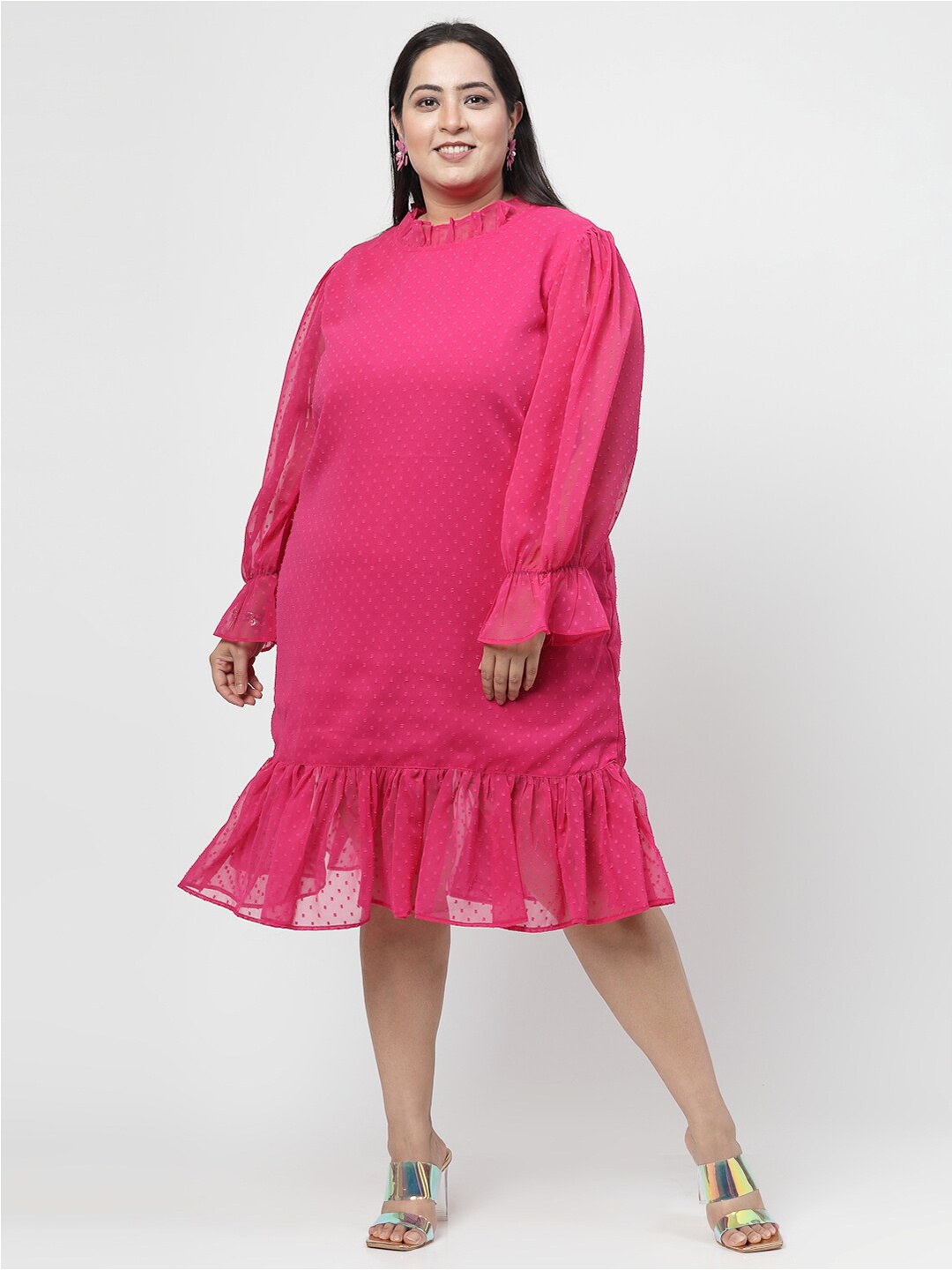 

Flambeur Plus Size Mock Neck Puff Sleeve Georgette Drop-Waist Dress, Pink