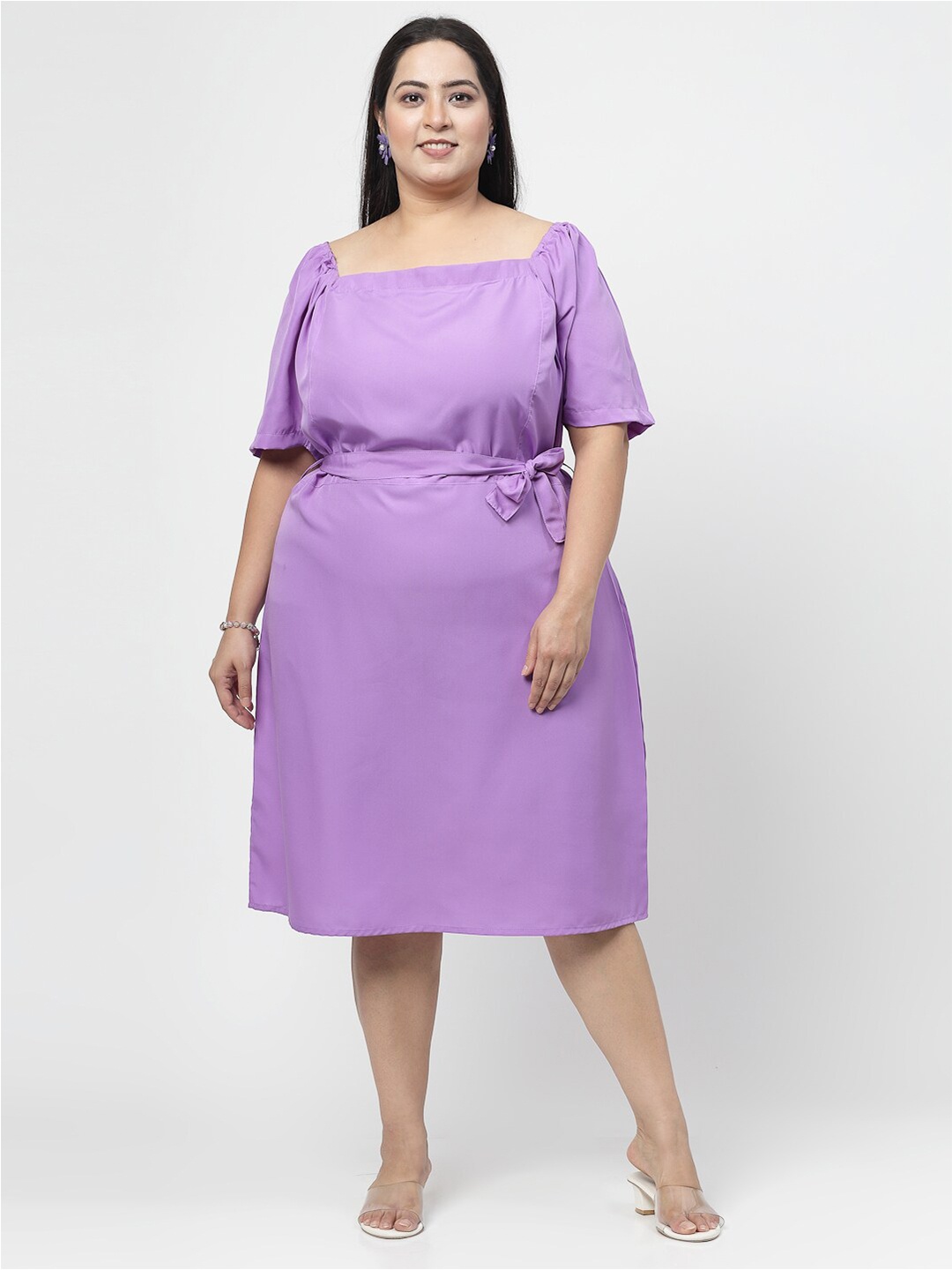 

Flambeur Square Neck Short Flared Sleeve Crepe Fit & Flare Plus Size Dress, Purple