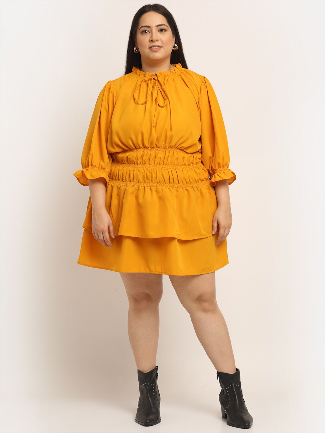 

Flambeur Tie-Up Neck Puff Sleeve Crepe Fit & Flare Plus Size Dress, Yellow