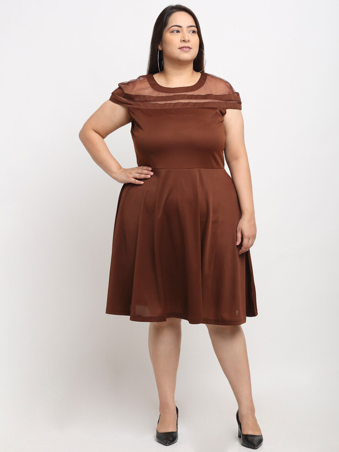 

Flambeur Plus Size Cold-Shoulder Fit & Flare Dress, Brown