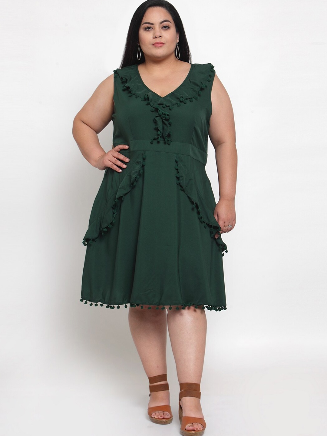 

Flambeur Plus Size V-Neck Sleeveless Ruffled Fit & Flare Dress, Green